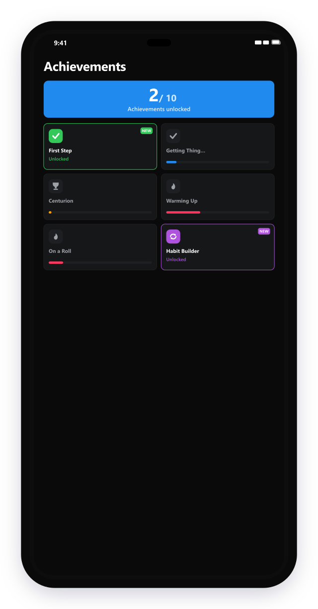 Achievements with badges and progress