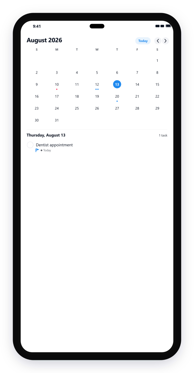 Month calendar of tasks with due-date dots