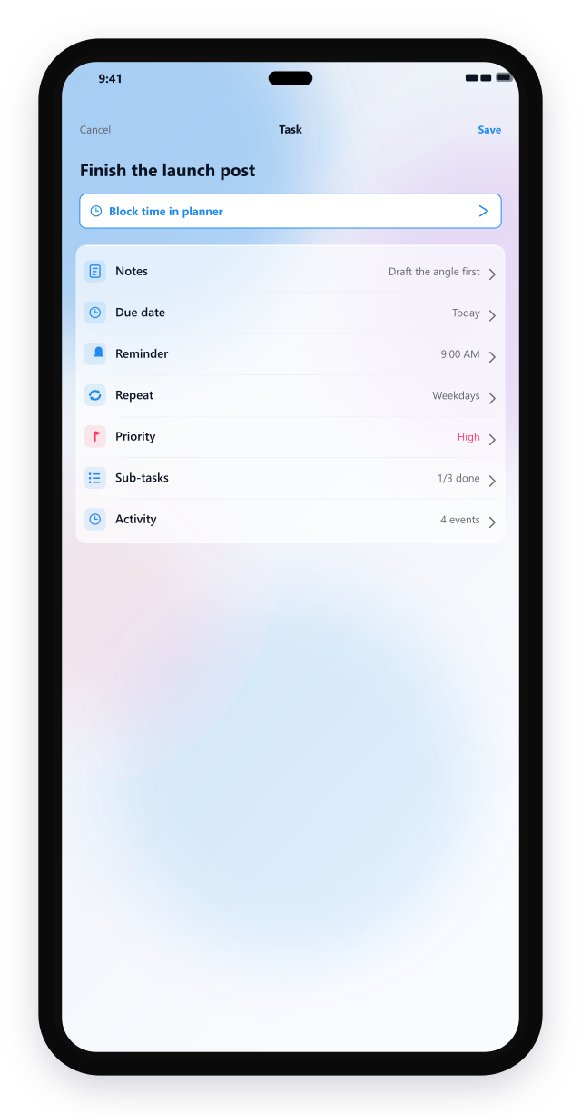 Task detail with notes, due date, repeat and sub-tasks
