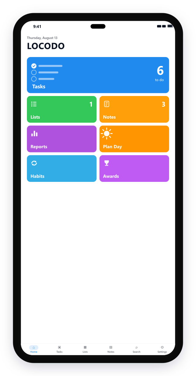 Locodo home screen on iPhone — a tile launcher for tasks, notes, focus, habits and more