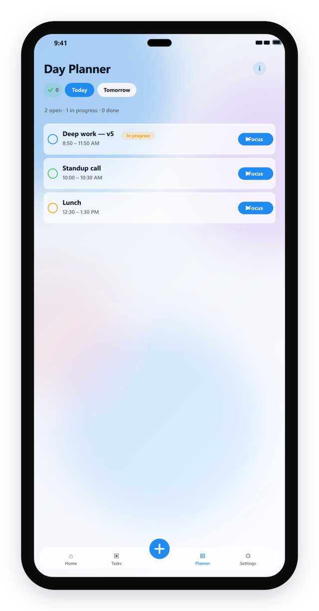 Day planner with time-blocked activities and status