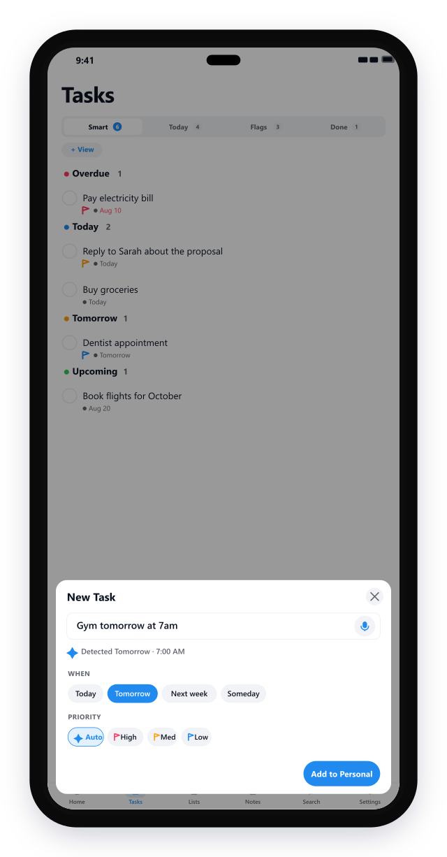 Quick-Add sheet with smart chips